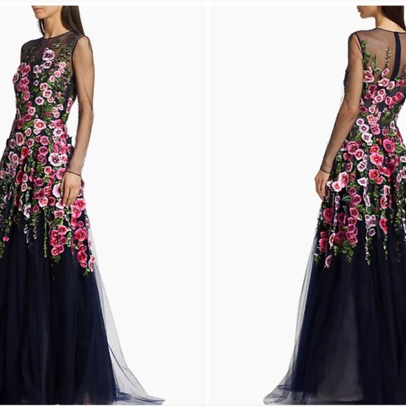 OSCAR De La RENTA  Hollyhocks Threadwork Tulle Long-Sleeve Gown Size 14  $4,990 - Picture 2 of 15